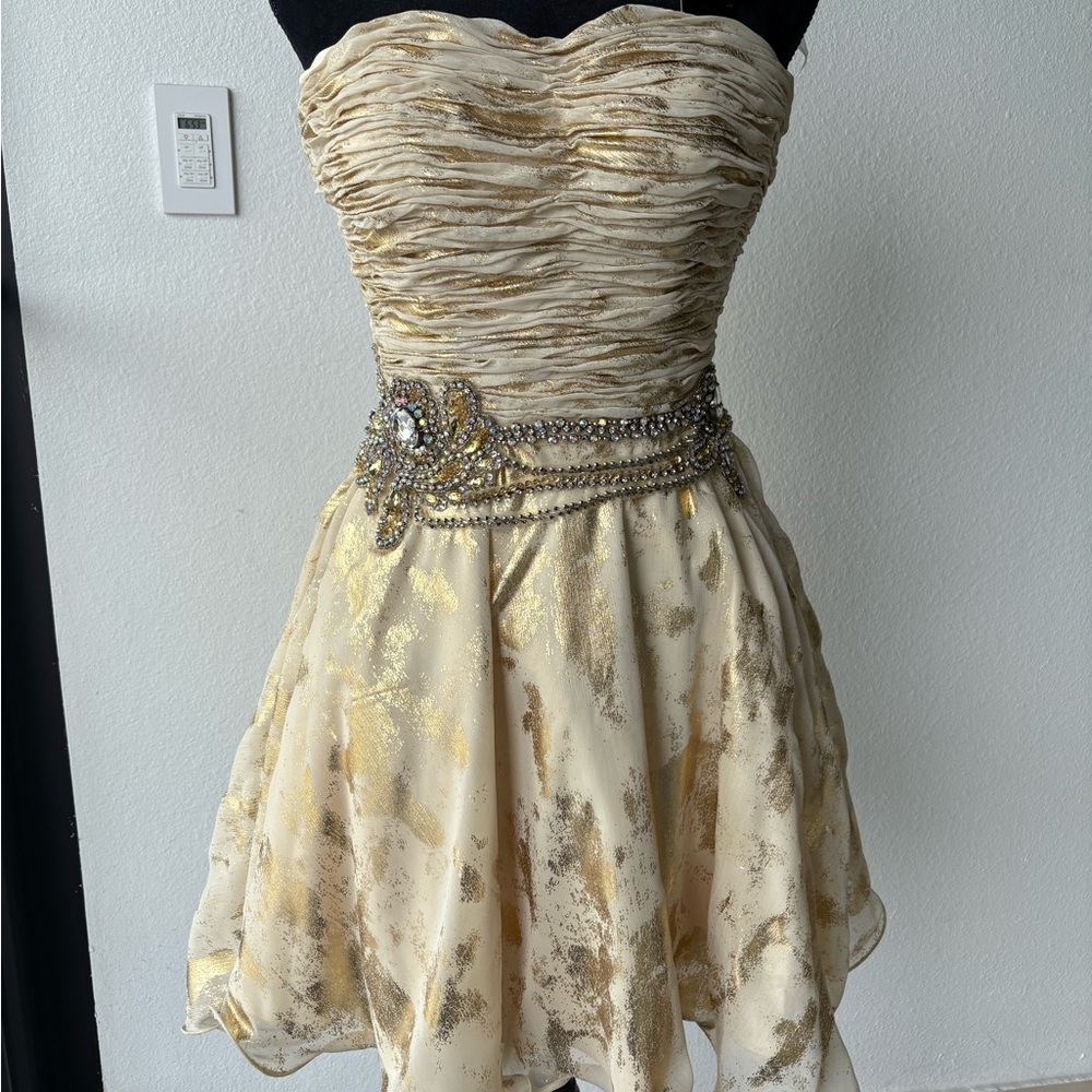 Terani Couture Gold and Cream Strapless Dress